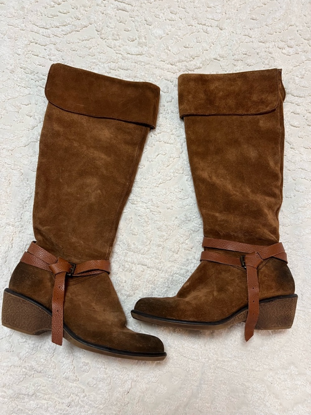 Brown Suede Knee-High Women’s Boots with Ankle Strap